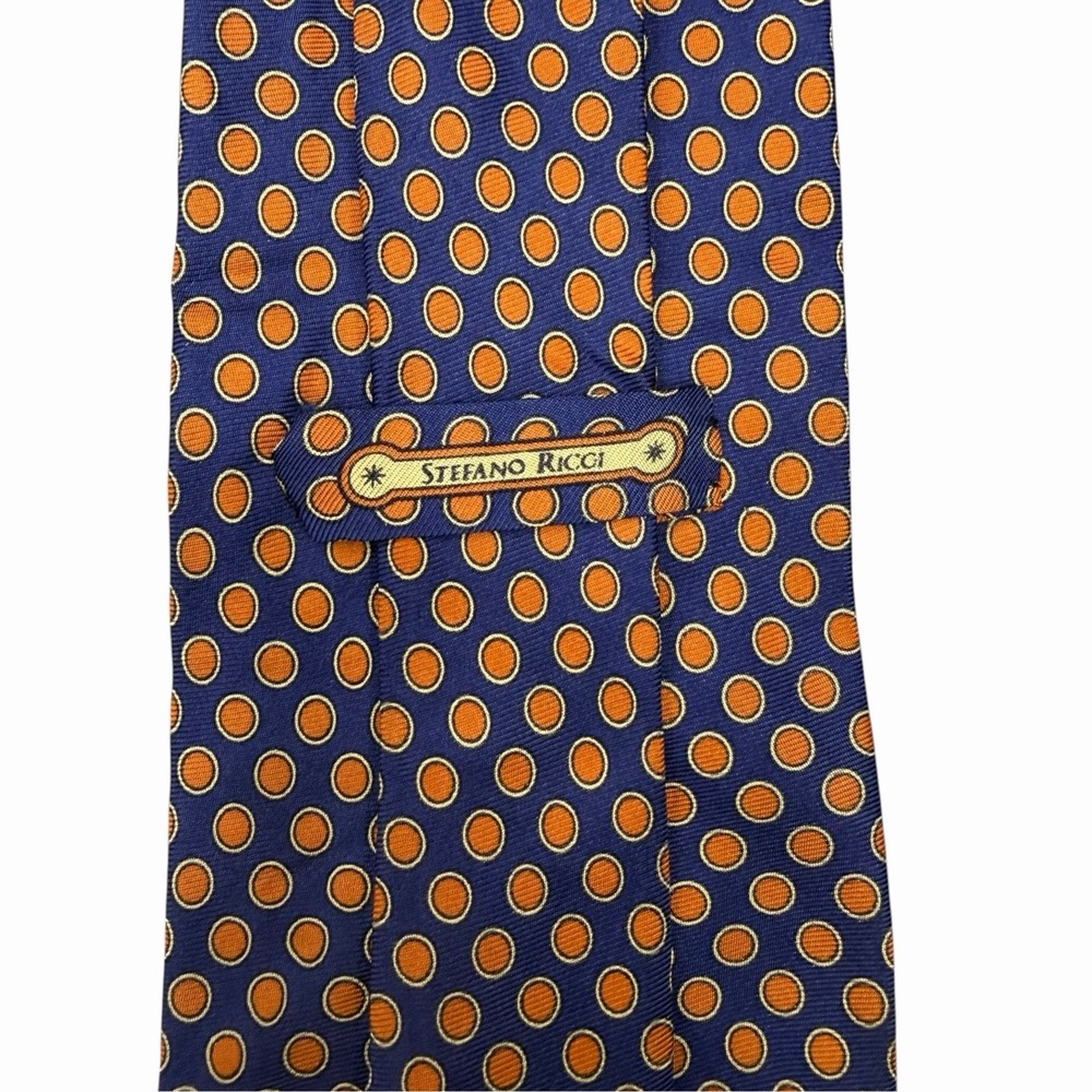 Stefano Ricci Men's Tie Polka Dot Navy/Orange Satin Silk 4 1/8" (W) x 59.25" (L)